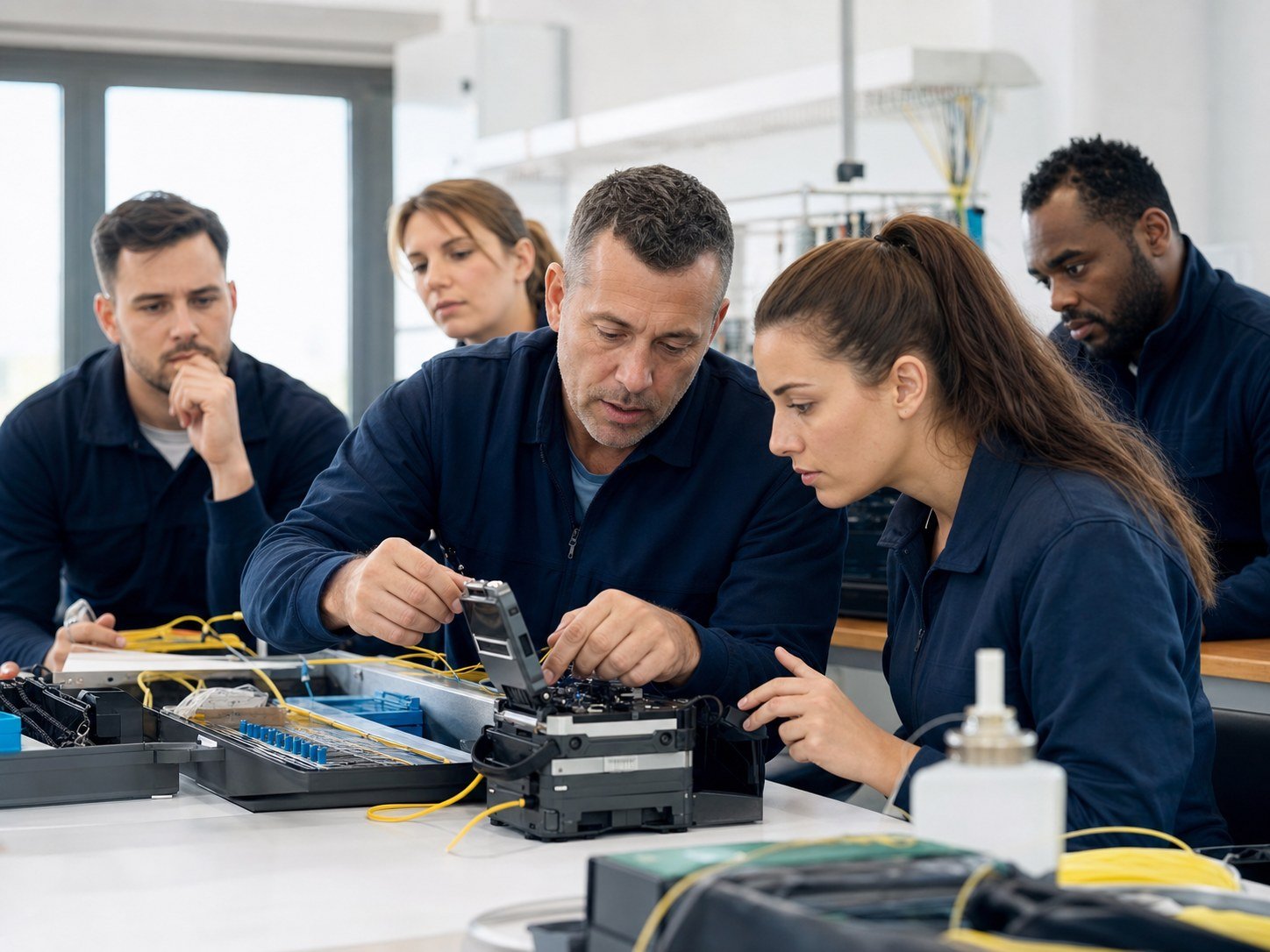 Équipe de professionnels réunie autour d'un équipement fibre optique